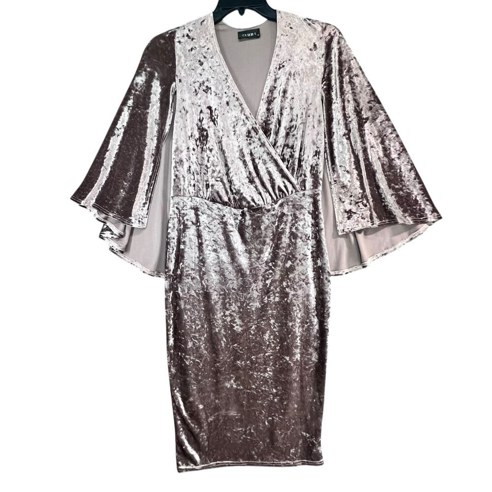Club L Y2K Dress XL Champagne Crushed Velvet Faux Wrap Cape Sleeve Boho Chic